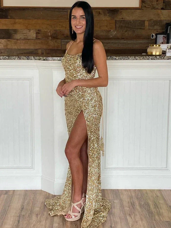 Glitter Sequin Prom Dress with Slit Scoop Neck Prom Dress SYP171 - Image 3