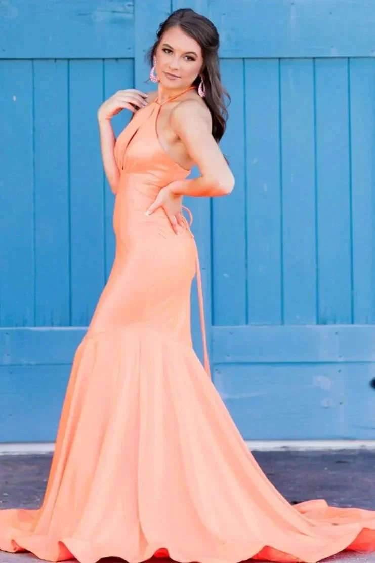 Mermaid Halter Orange Long Prom Dress SYP153 - Image 4