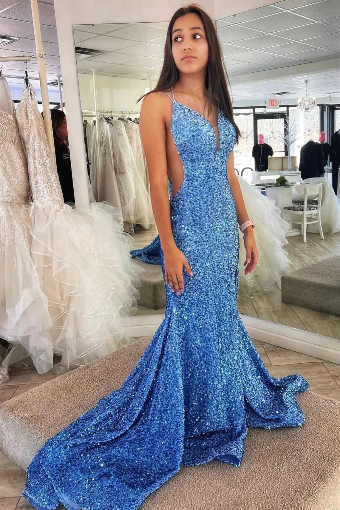 Mermaid Lace-Up Back Sequins Prom Dress With Slit SYP142 - Image 2