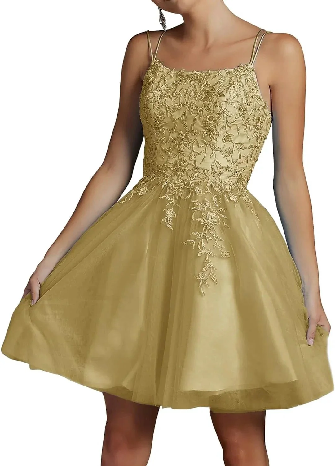 Modest Lace Beaded Tulle Homecoming Dresses Short Square Neck Prom Dress Spaghetti Straps Party Gown - Image 10