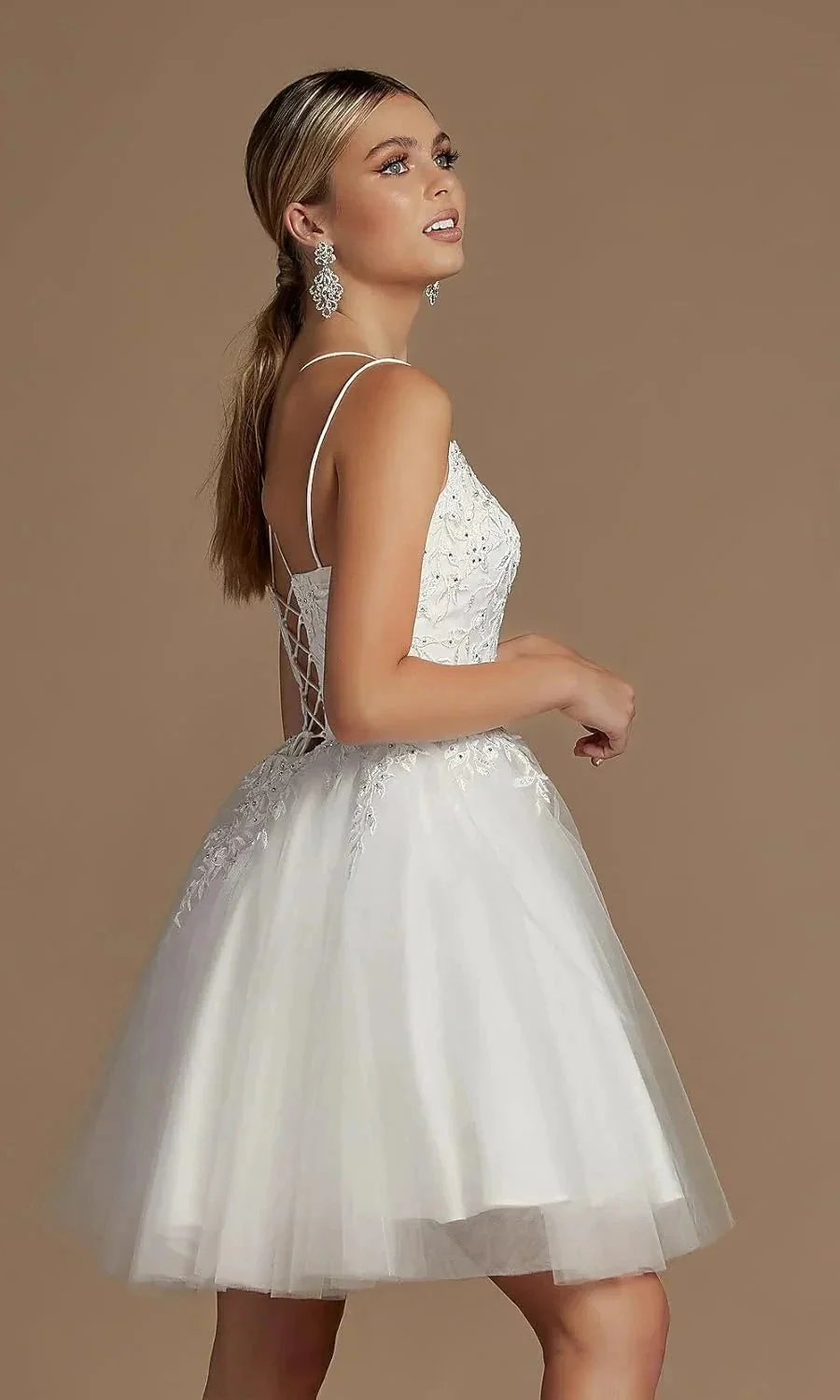 Modest Lace Beaded Tulle Homecoming Dresses Short Square Neck Prom Dress Spaghetti Straps Party Gown - Image 2