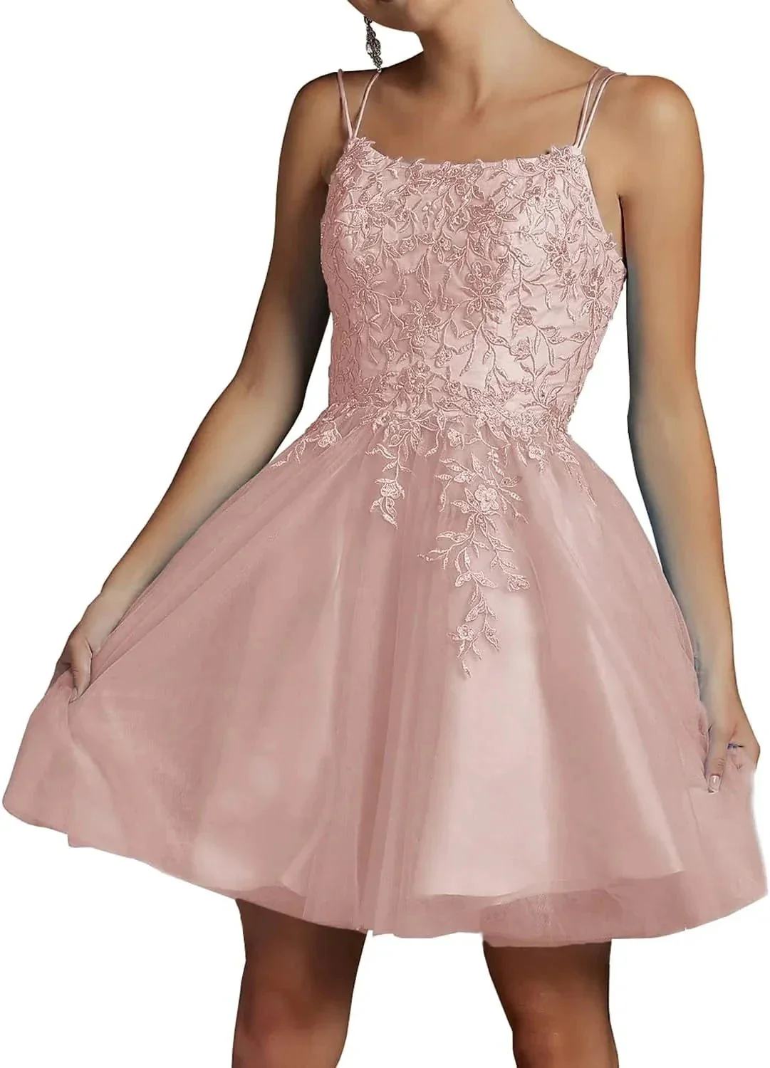 Modest Lace Beaded Tulle Homecoming Dresses Short Square Neck Prom Dress Spaghetti Straps Party Gown - Image 5