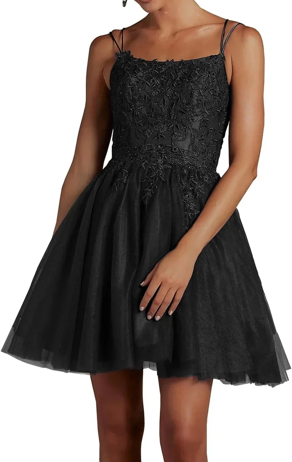 Modest Lace Beaded Tulle Homecoming Dresses Short Square Neck Prom Dress Spaghetti Straps Party Gown - Image 6