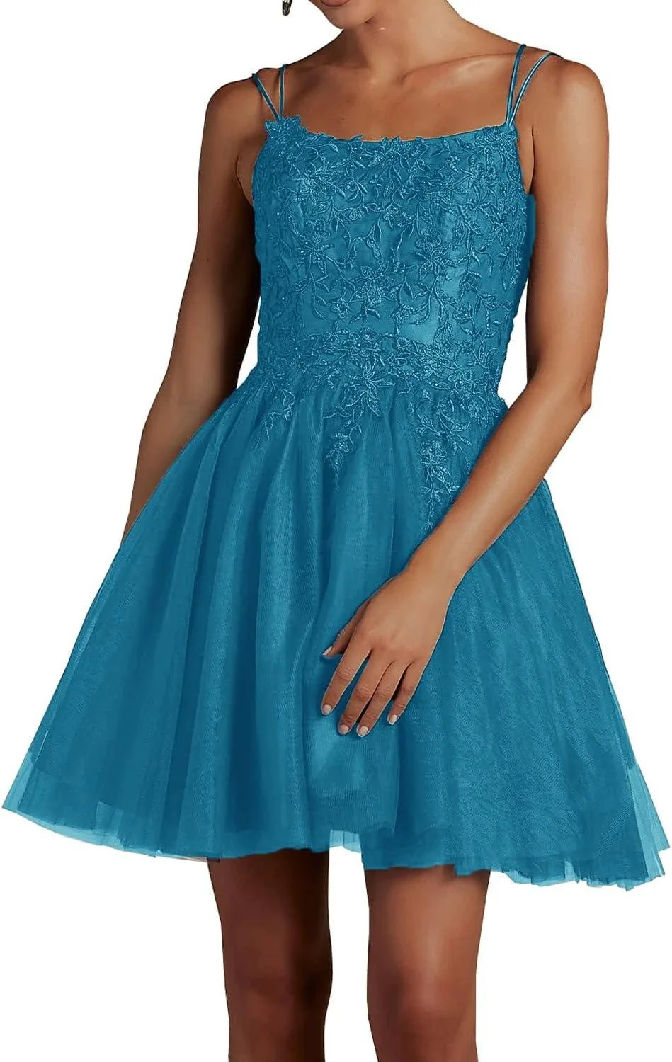 Modest Lace Beaded Tulle Homecoming Dresses Short Square Neck Prom Dress Spaghetti Straps Party Gown - Image 7