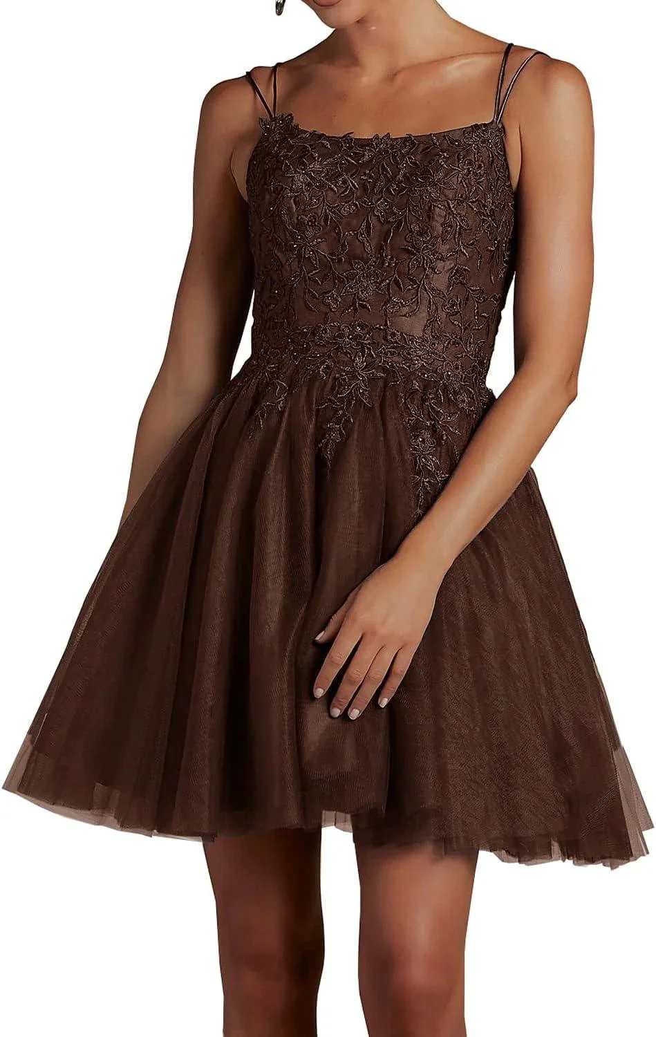 Modest Lace Beaded Tulle Homecoming Dresses Short Square Neck Prom Dress Spaghetti Straps Party Gown - Image 8
