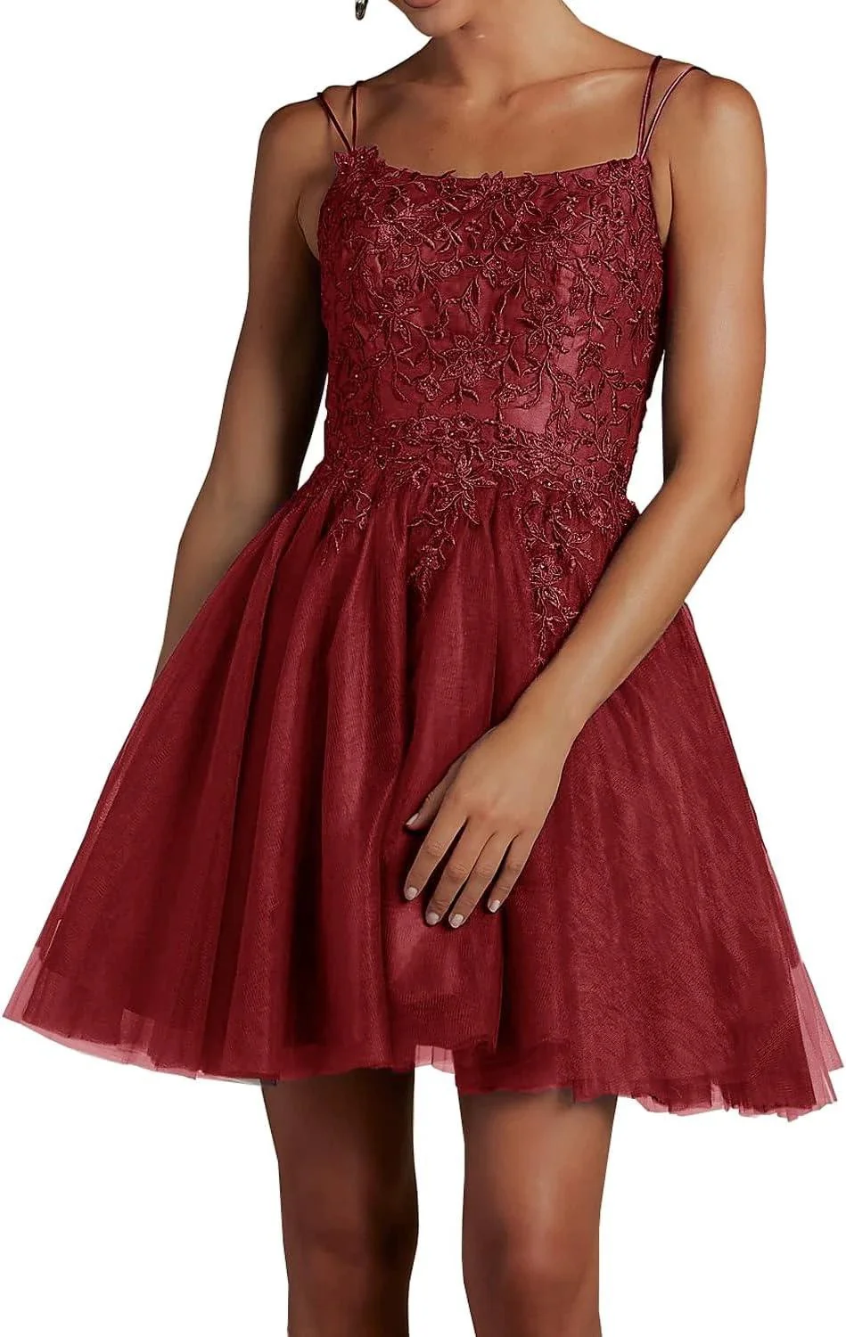 Modest Lace Beaded Tulle Homecoming Dresses Short Square Neck Prom Dress Spaghetti Straps Party Gown - Image 9