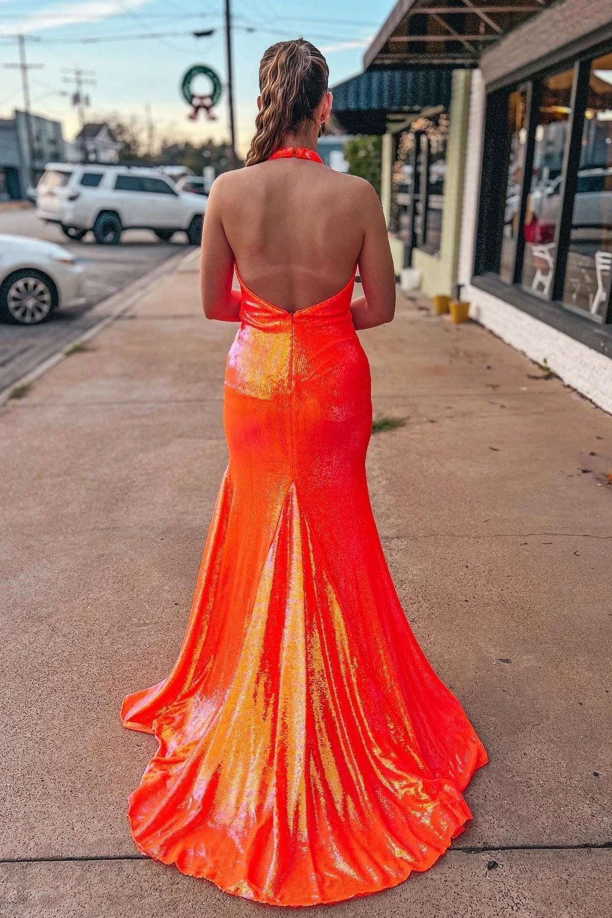 Orange Mermaid Halter Sequins Prom Dress SYP143 - Image 2