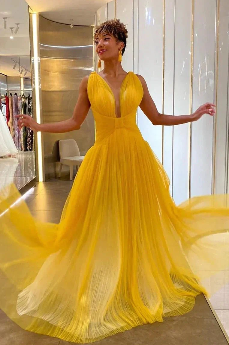 Plunging Neck Yellow Tulle Prom Dress SYP154 - Image 2