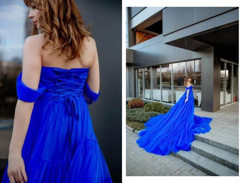 Royal blue long tulle dress with train SYP16 - Image 2
