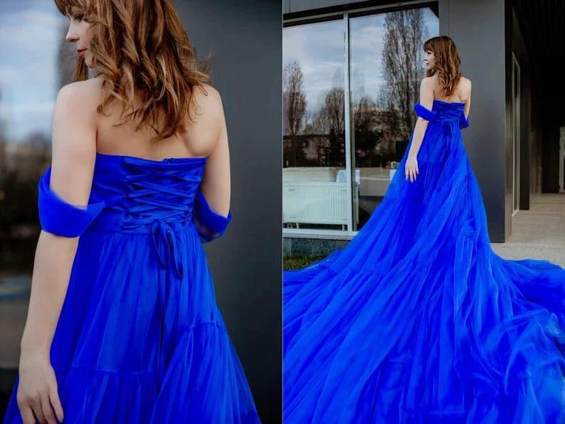 Royal blue long tulle dress with train SYP16 - Image 3