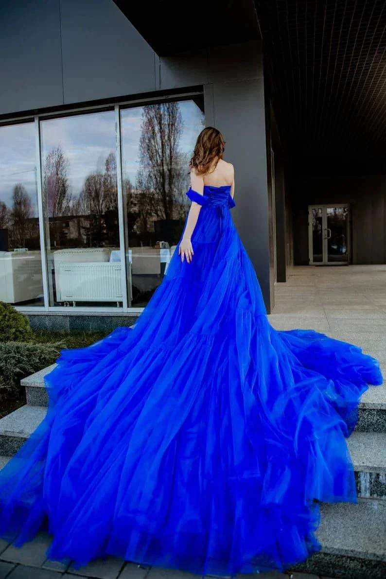 Royal blue long tulle dress with train SYP16 - Image 5
