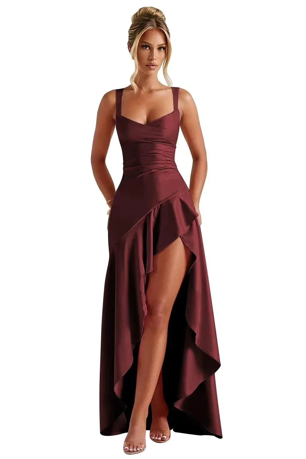 Satin Ruffles Prom Dresses for Teens Hi-Low Aline Cocktail Dresses for Women QA204 - Image 10