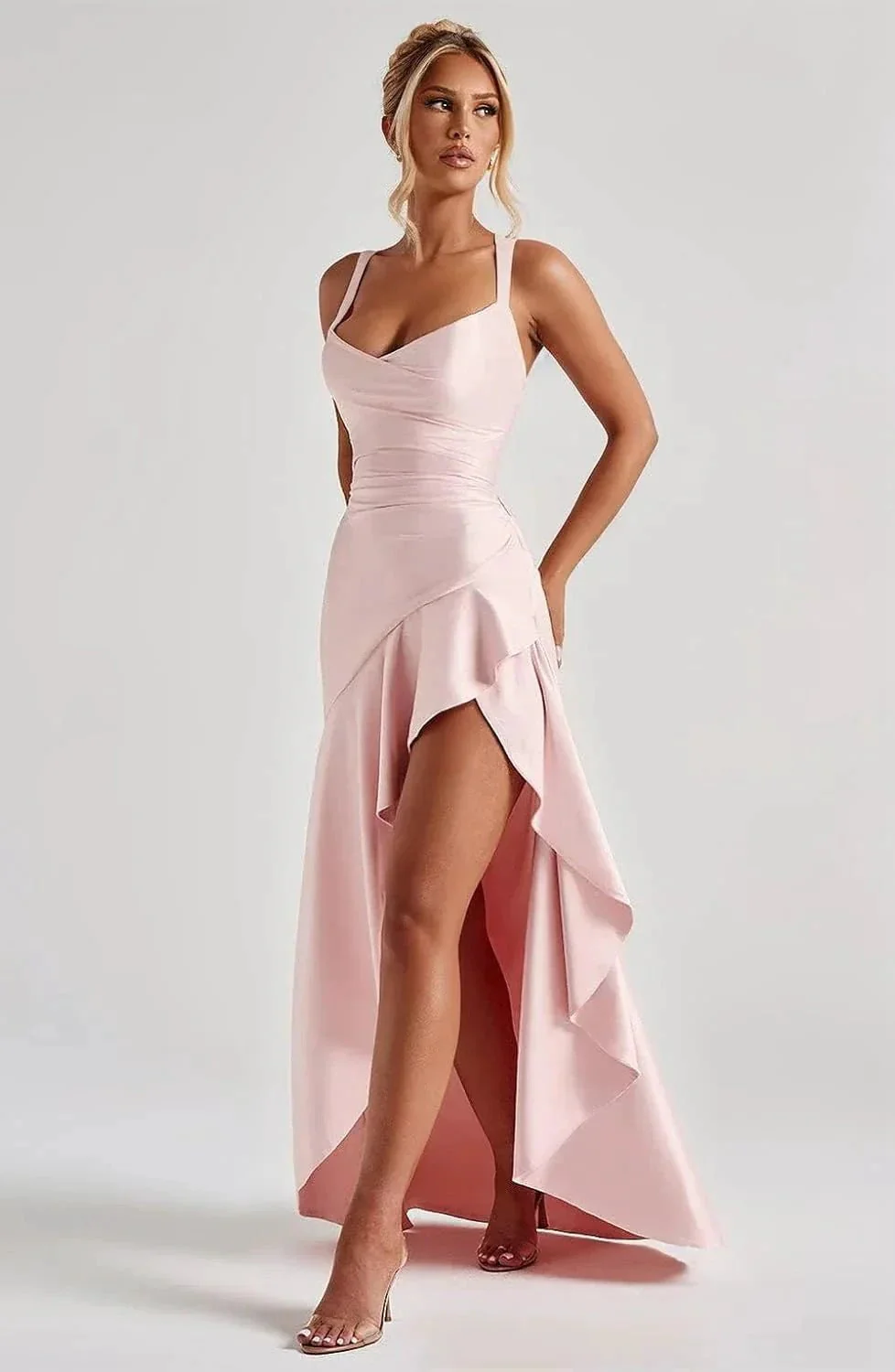 Satin Ruffles Prom Dresses for Teens Hi-Low Aline Cocktail Dresses for Women QA204 - Image 2