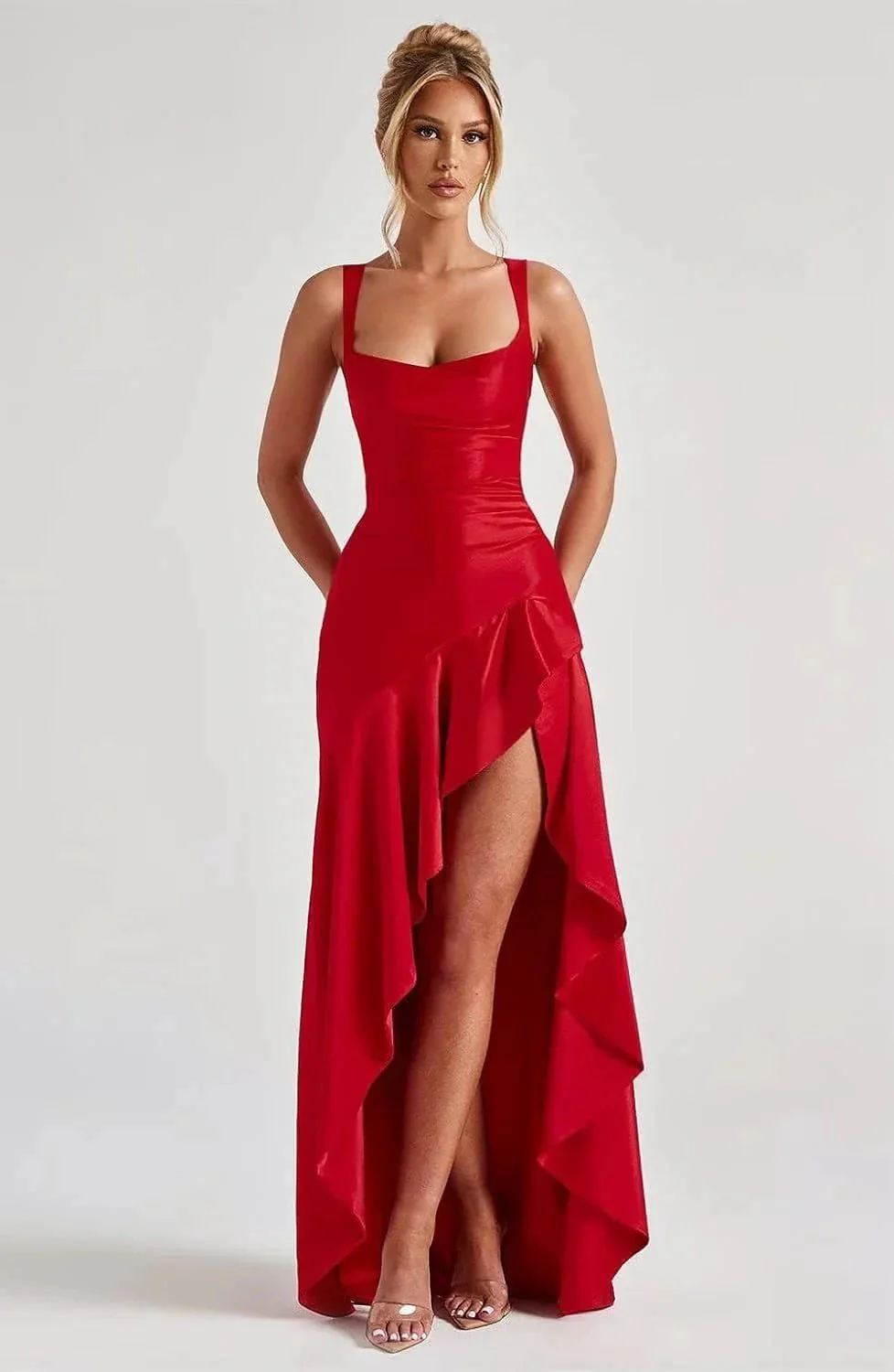 Satin Ruffles Prom Dresses for Teens Hi-Low Aline Cocktail Dresses for Women QA204 - Image 4