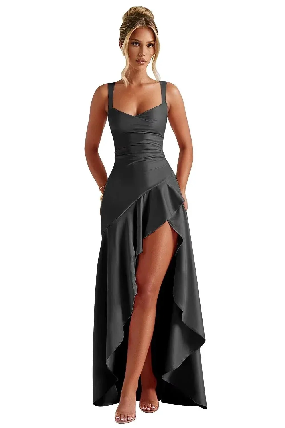 Satin Ruffles Prom Dresses for Teens Hi-Low Aline Cocktail Dresses for Women QA204 - Image 7