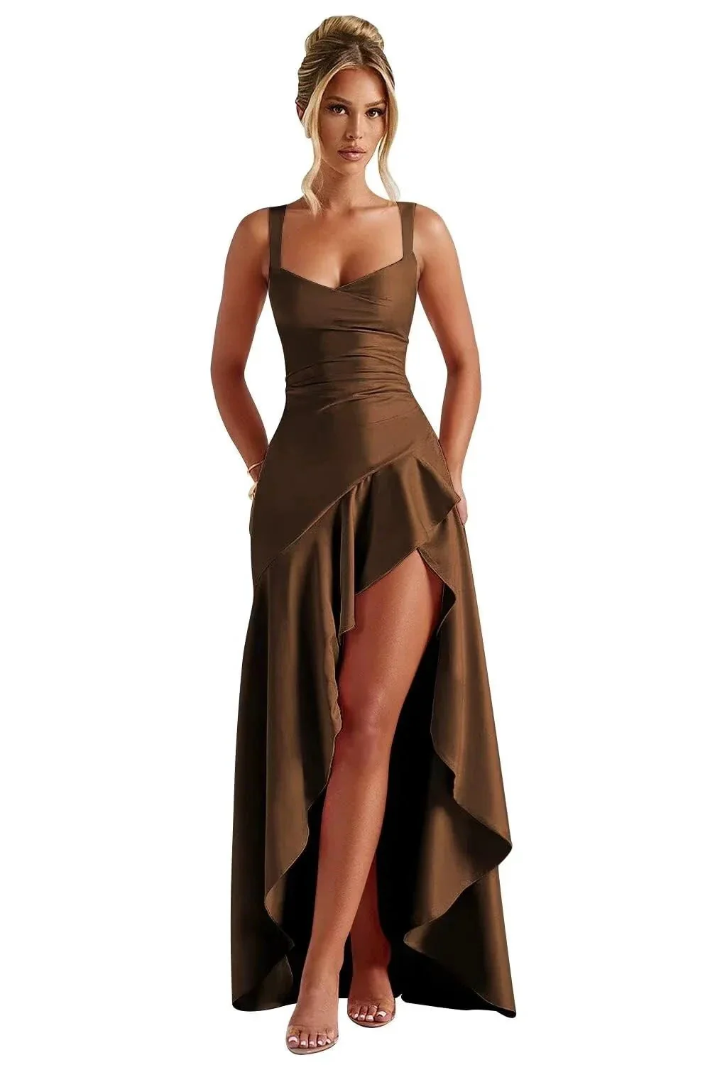 Satin Ruffles Prom Dresses for Teens Hi-Low Aline Cocktail Dresses for Women QA204 - Image 9