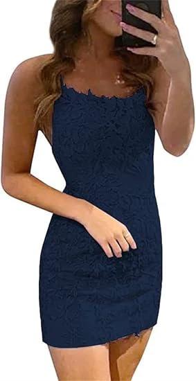 Short Column Blue Lace Spaghetti Straps Sleeveless Prom Dresses - Image 10
