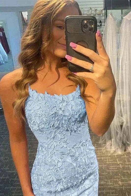 Short Column Blue Lace Spaghetti Straps Sleeveless Prom Dresses - Image 2