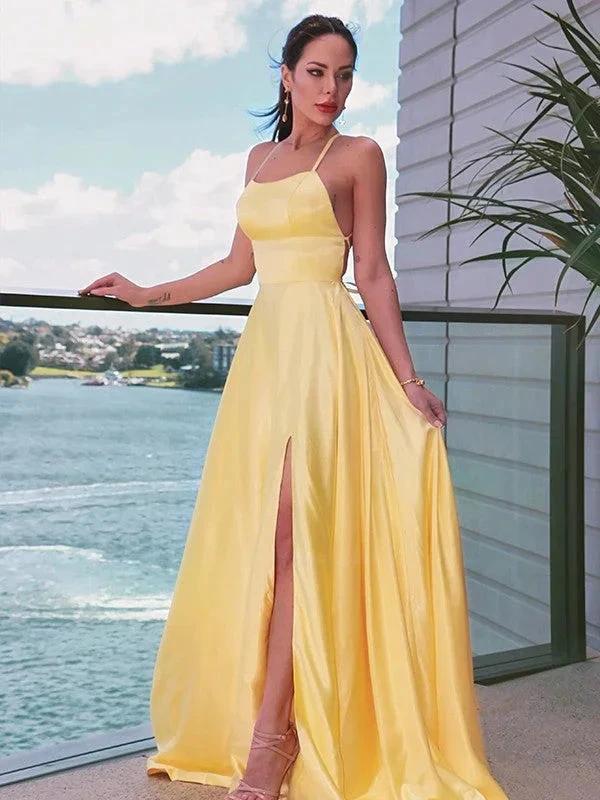 Satin Prom Dress | yellow prom dress | slit in prom dress SYP127 - Image 4