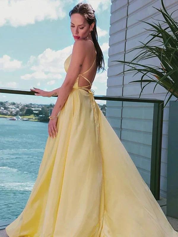 Satin Prom Dress | yellow prom dress | slit in prom dress SYP127 - Image 5