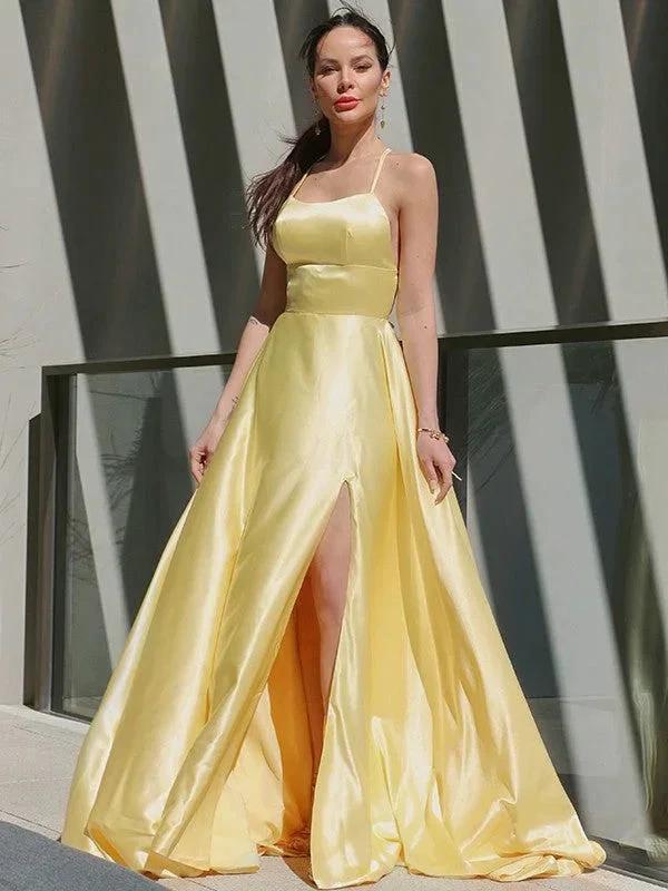 Satin Prom Dress | yellow prom dress | slit in prom dress SYP127 - Image 6
