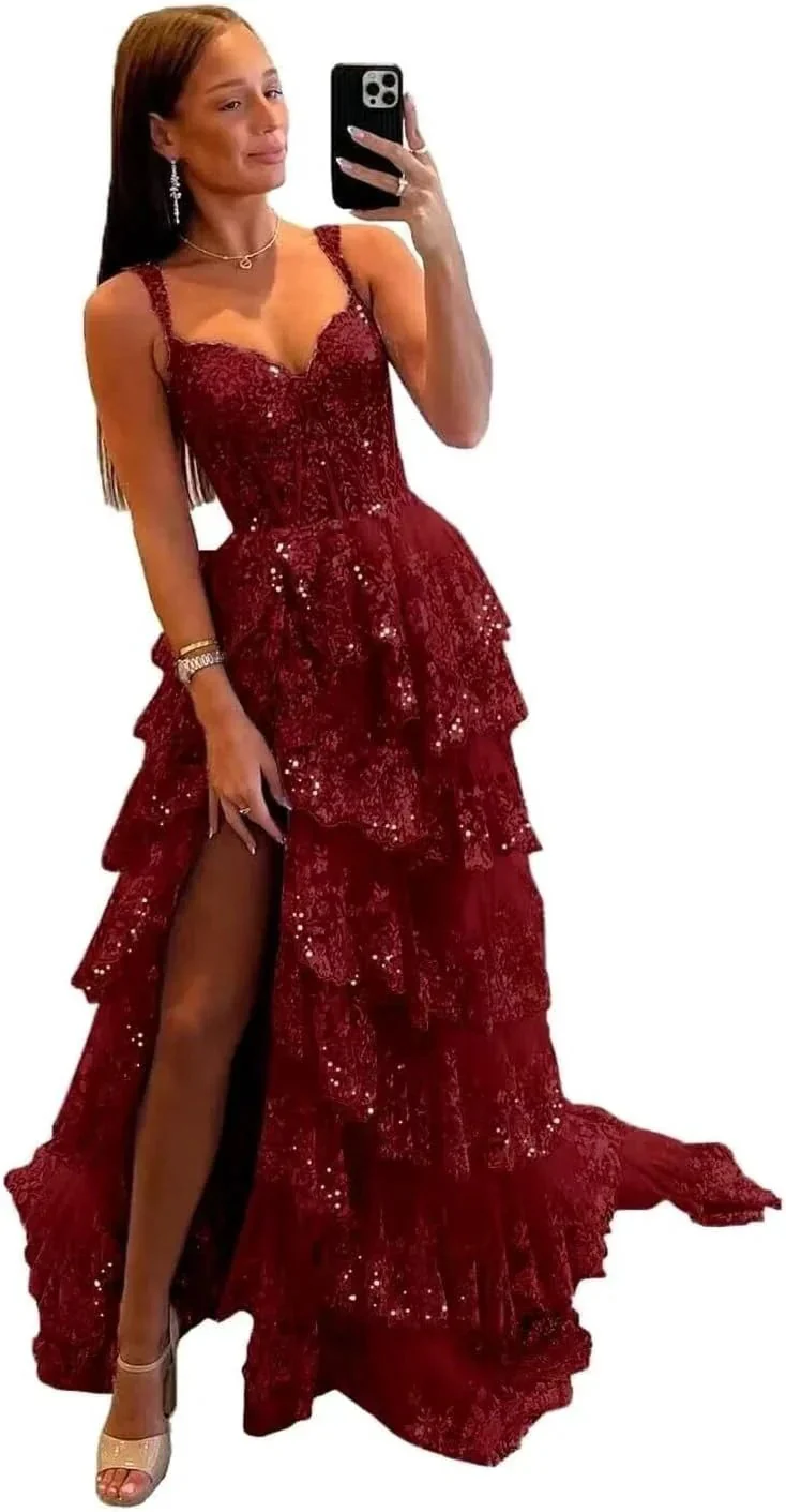 Sparkly Tiered Lace Tulle Prom Dresses Long 2025 Spaghetti Straps Formal Corset Evening Gown with Slit - Image 10