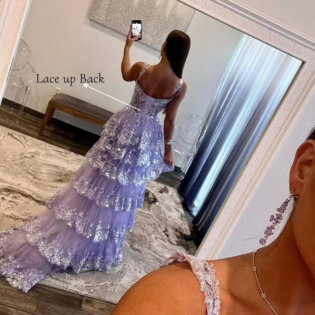 Sparkly Tiered Lace Tulle Prom Dresses Long 2025 Spaghetti Straps Formal Corset Evening Gown with Slit - Image 2