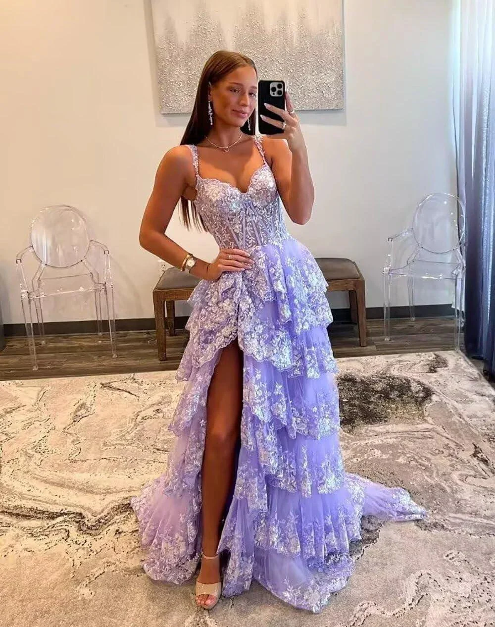 Sparkly Tiered Lace Tulle Prom Dresses Long 2025 Spaghetti Straps Formal Corset Evening Gown with Slit - Image 3