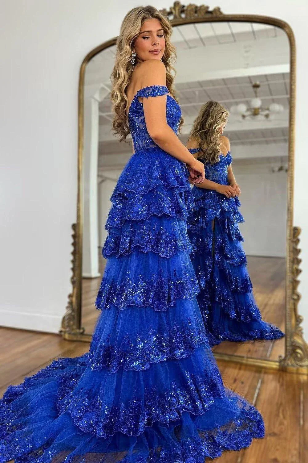 Sparkly Tiered Lace Tulle Prom Dresses Long 2025 Spaghetti Straps Formal Corset Evening Gown with Slit - Image 4