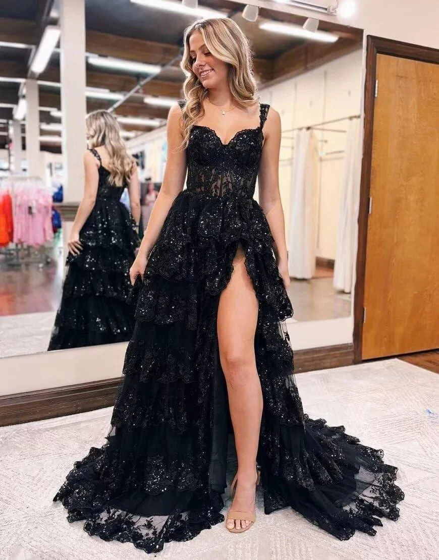 Sparkly Tiered Lace Tulle Prom Dresses Long 2025 Spaghetti Straps Formal Corset Evening Gown with Slit - Image 5