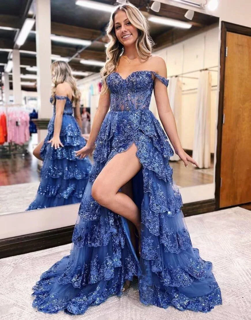 Sparkly Tiered Lace Tulle Prom Dresses Long 2025 Spaghetti Straps Formal Corset Evening Gown with Slit - Image 7