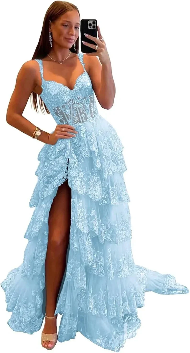 Sparkly Tiered Lace Tulle Prom Dresses Long 2025 Spaghetti Straps Formal Corset Evening Gown with Slit - Image 8