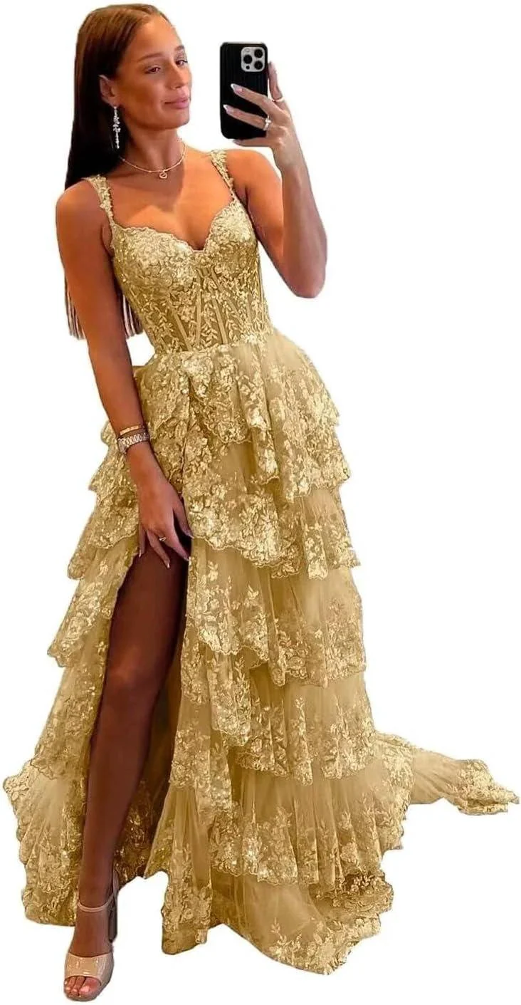 Sparkly Tiered Lace Tulle Prom Dresses Long 2025 Spaghetti Straps Formal Corset Evening Gown with Slit - Image 9