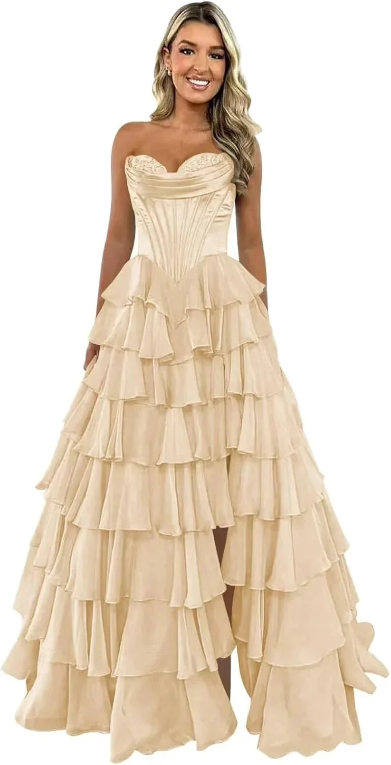 Strapless Corset Prom Dresses for Women 2025 Long Tiered Ruffle Chiffon Formal Evening Gown with Slit - Image 10