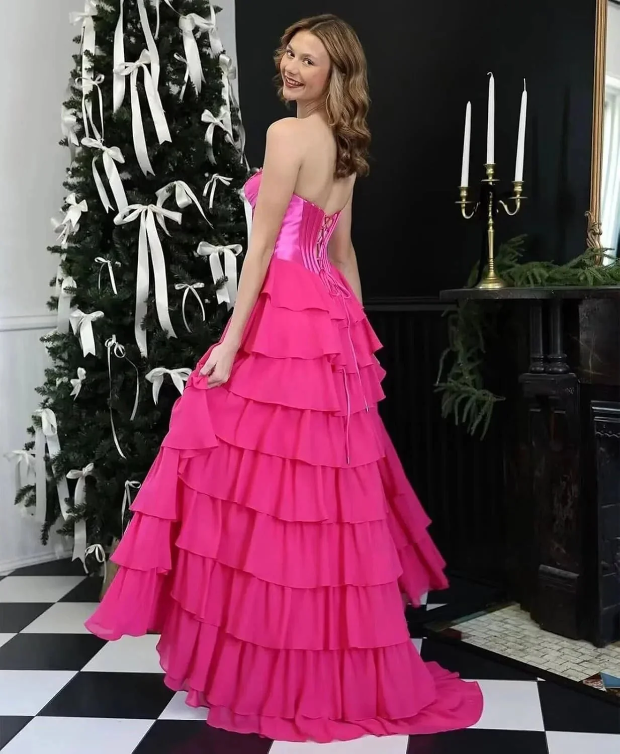 Strapless Corset Prom Dresses for Women 2025 Long Tiered Ruffle Chiffon Formal Evening Gown with Slit - Image 2