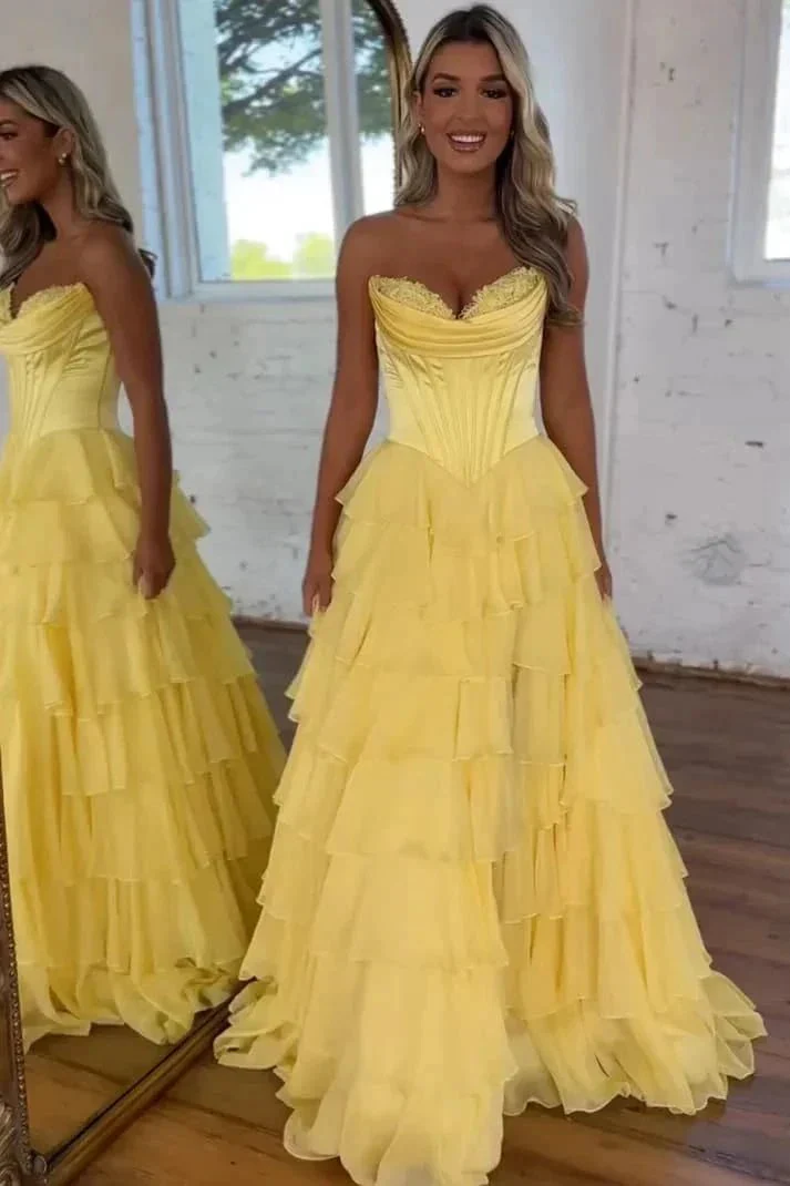 Strapless Corset Prom Dresses for Women 2025 Long Tiered Ruffle Chiffon Formal Evening Gown with Slit - Image 3