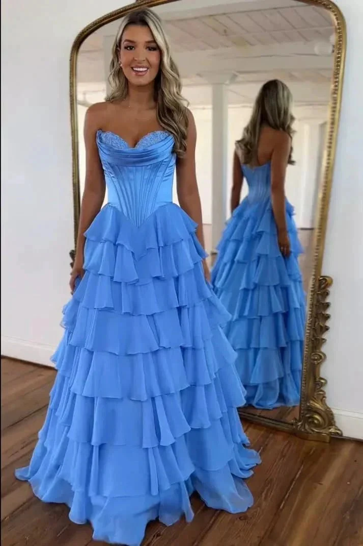 Strapless Corset Prom Dresses for Women 2025 Long Tiered Ruffle Chiffon Formal Evening Gown with Slit - Image 4