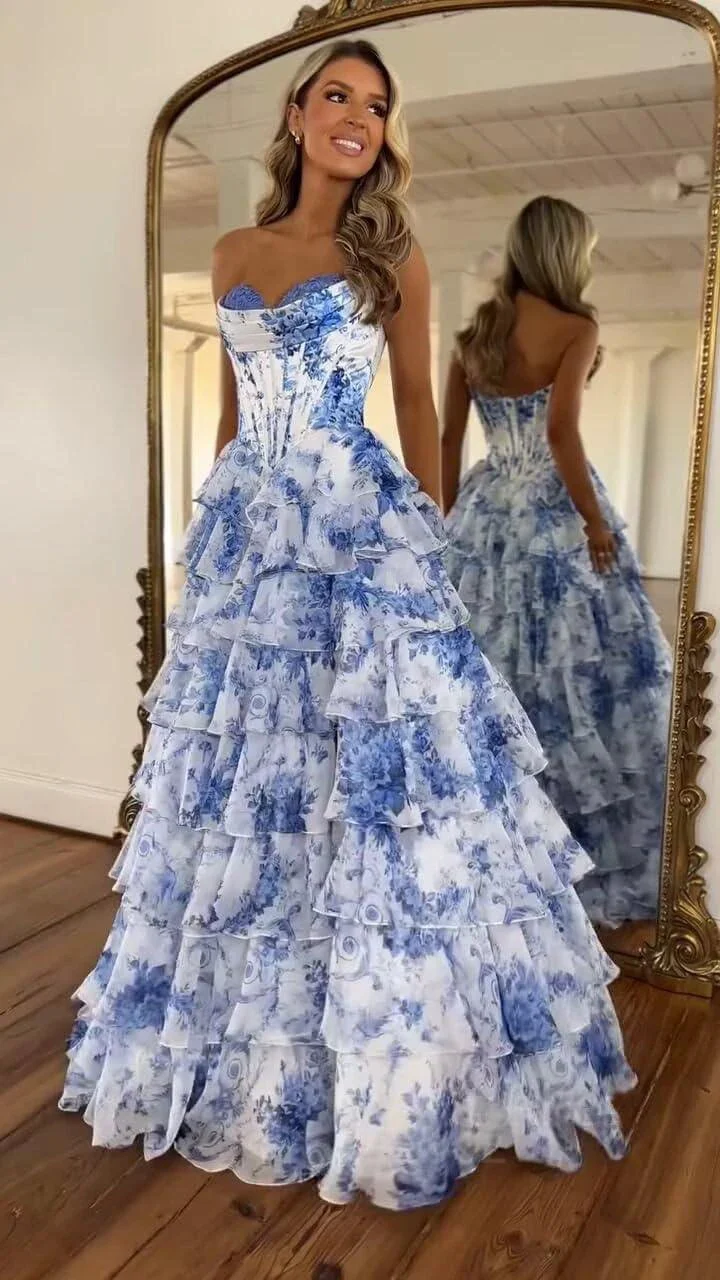 Strapless Corset Prom Dresses for Women 2025 Long Tiered Ruffle Chiffon Formal Evening Gown with Slit - Image 7