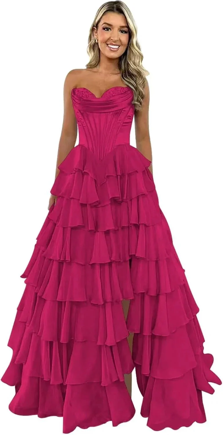 Strapless Corset Prom Dresses for Women 2025 Long Tiered Ruffle Chiffon Formal Evening Gown with Slit - Image 8