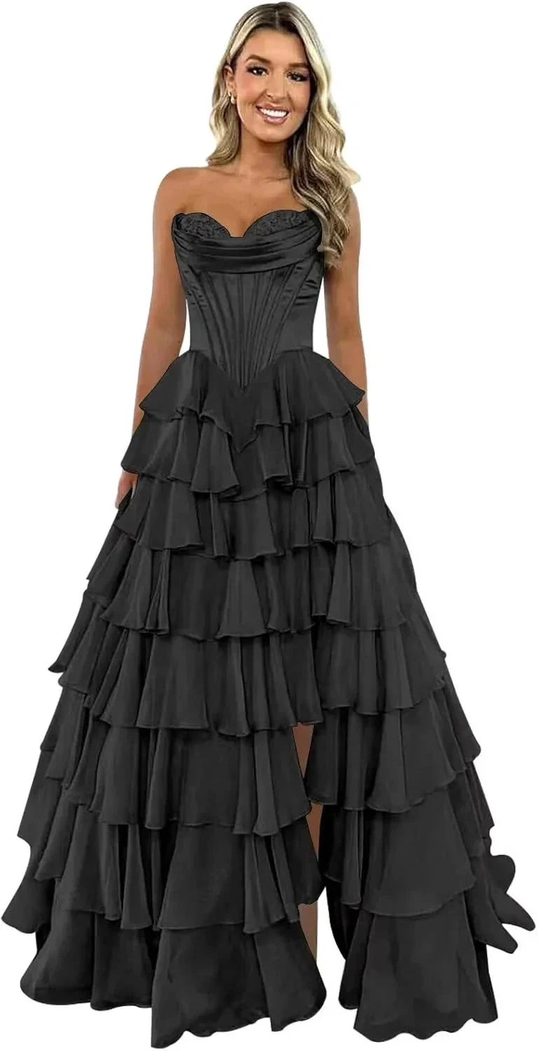 Strapless Corset Prom Dresses for Women 2025 Long Tiered Ruffle Chiffon Formal Evening Gown with Slit - Image 9
