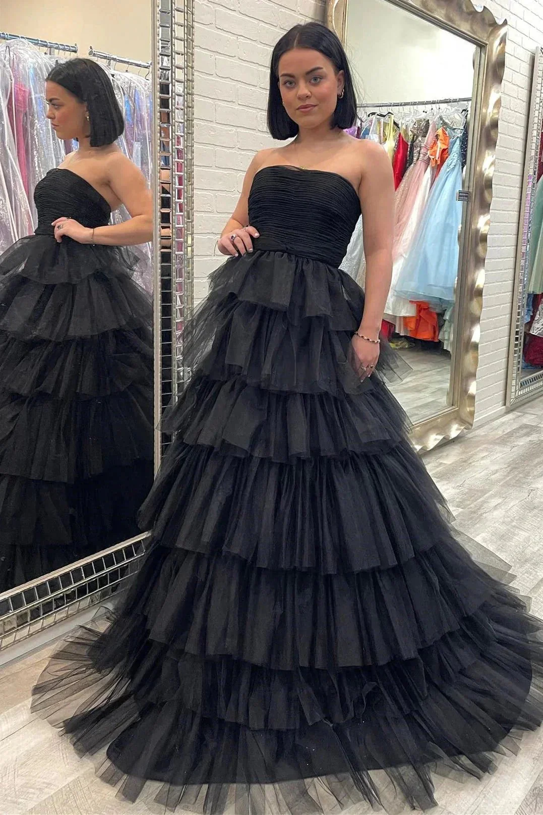 Strapless Pleated Multi-Layers Tulle Prom Dress SYP148 - Image 3