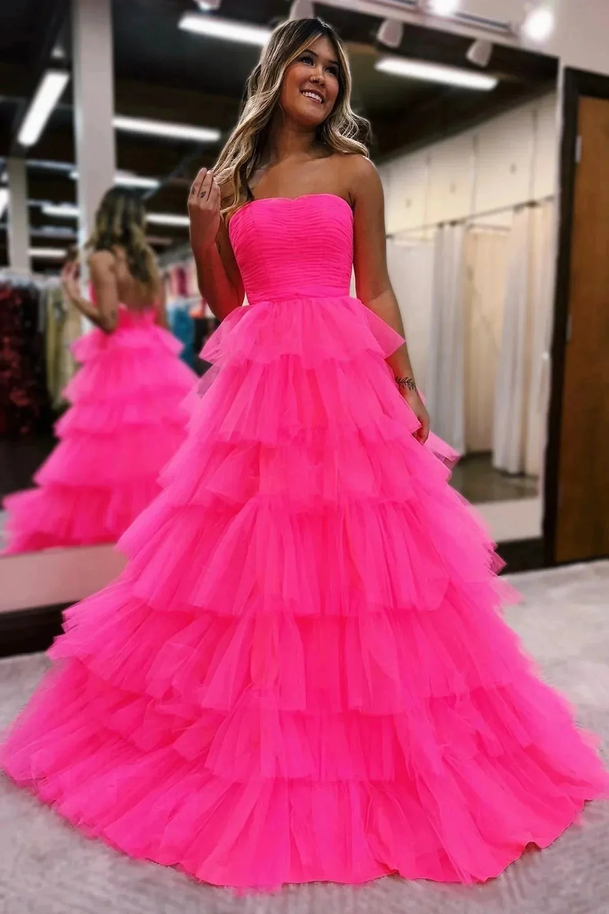 Strapless Pleated Multi-Layers Tulle Prom Dress SYP148 - Image 4