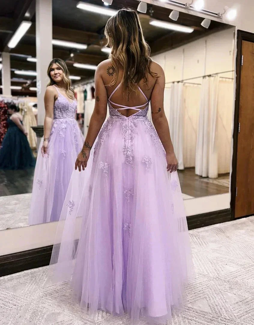 Tulle Spaghetti Strap Side Slit Lace Prom Dresses SYP158 - Image 2
