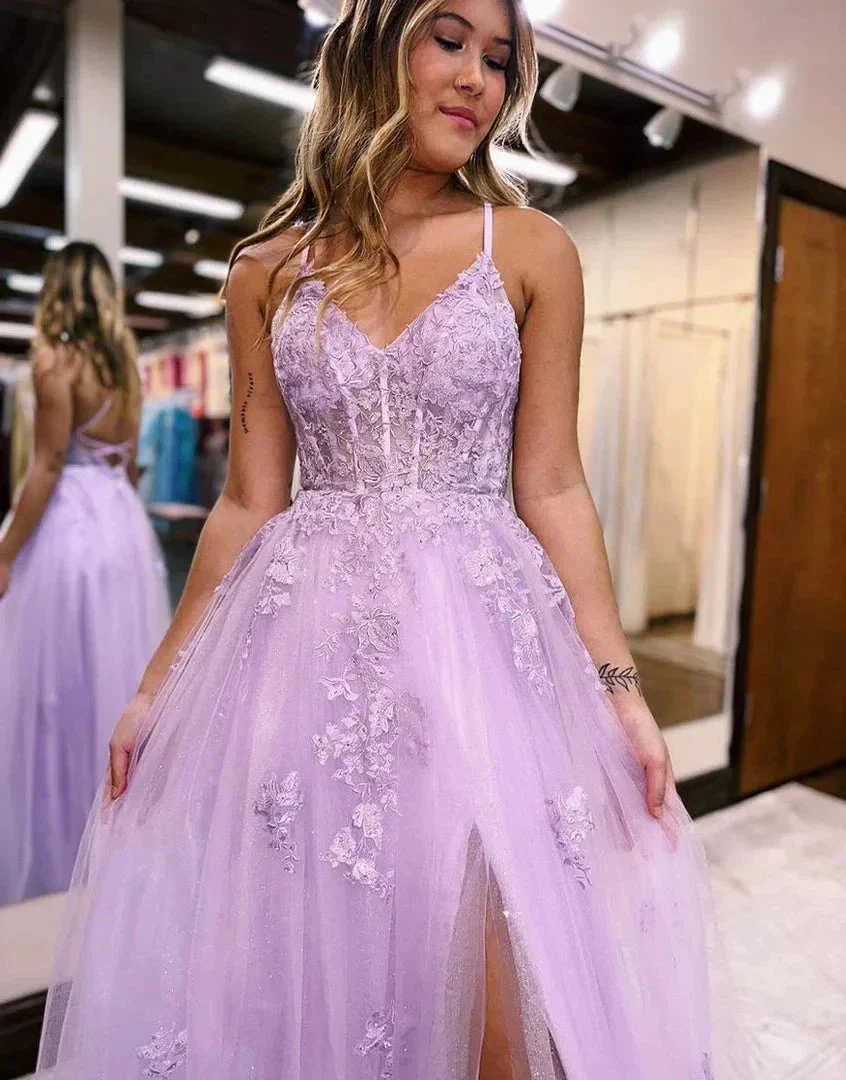 Tulle Spaghetti Strap Side Slit Lace Prom Dresses SYP158 - Image 3