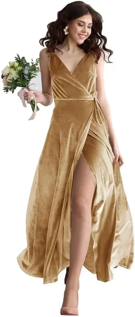 Velvet V Neck Bridesmaid Dress Long Women's Prom Formal Party Gown with Slit - Image 10