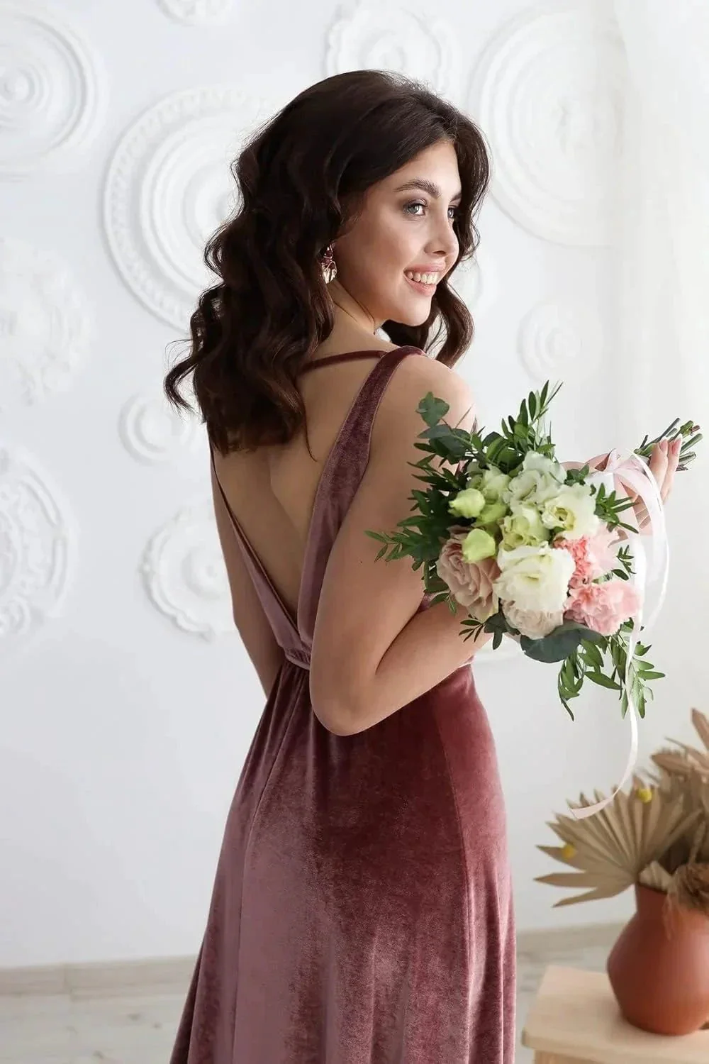 Velvet V Neck Bridesmaid Dress Long Women's Prom Formal Party Gown with Slit - Image 3
