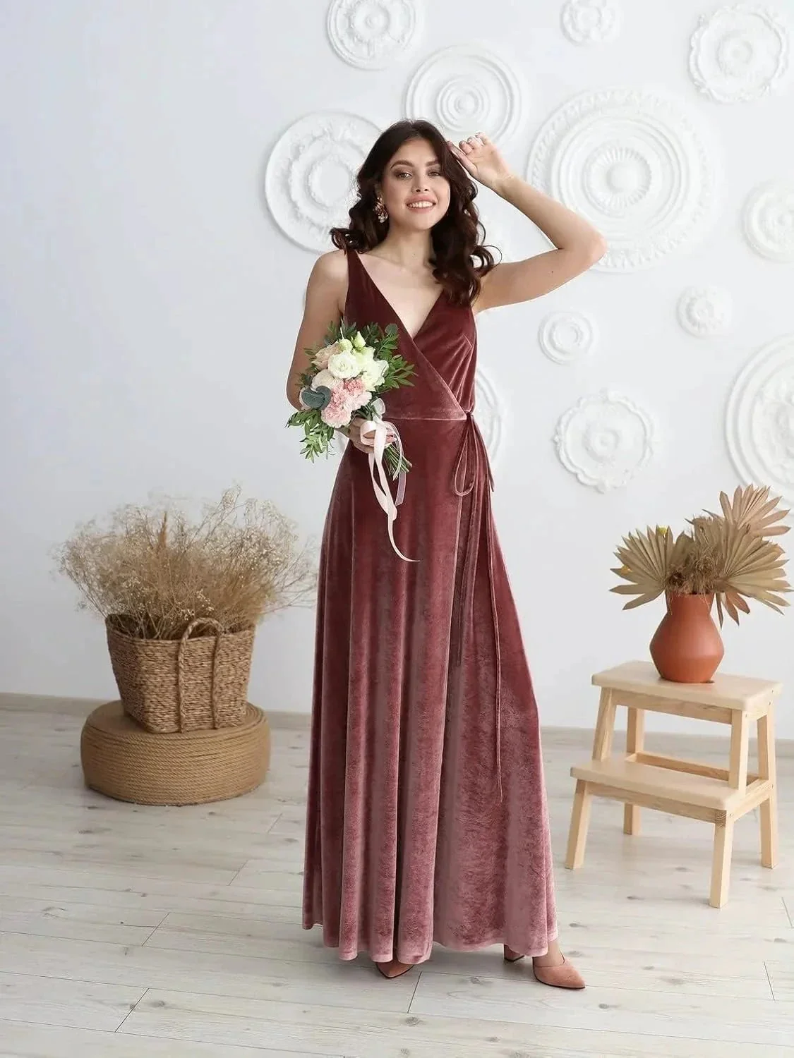 Velvet V Neck Bridesmaid Dress Long Women's Prom Formal Party Gown with Slit - Image 4