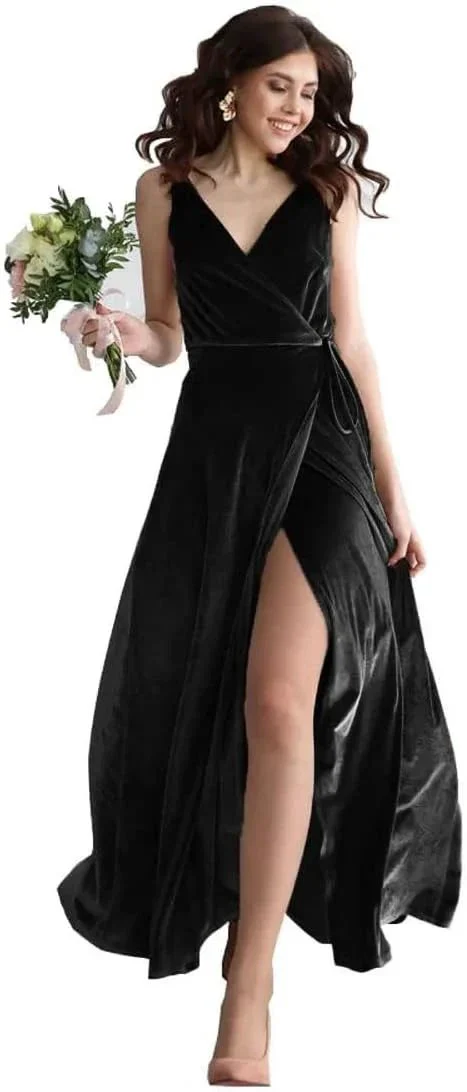 Velvet V Neck Bridesmaid Dress Long Women's Prom Formal Party Gown with Slit - Image 6