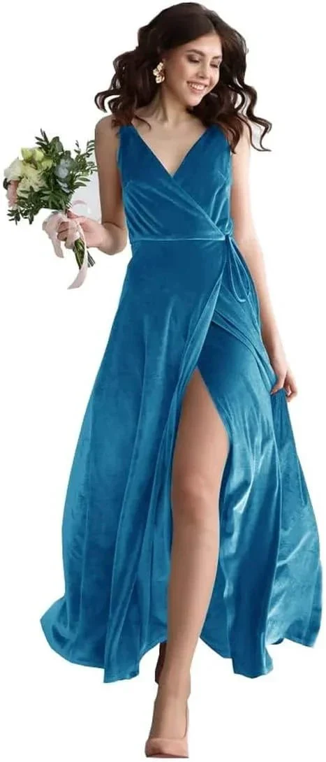 Velvet V Neck Bridesmaid Dress Long Women's Prom Formal Party Gown with Slit - Image 7