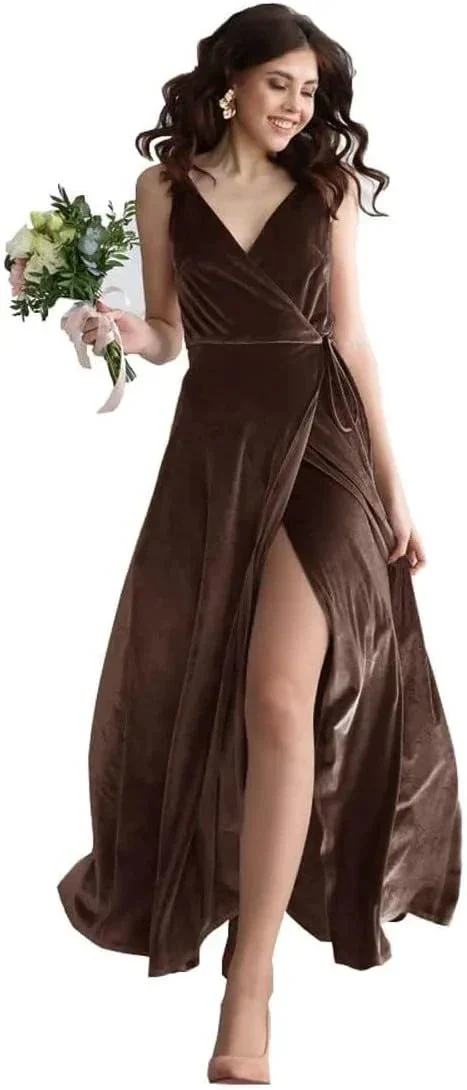 Velvet V Neck Bridesmaid Dress Long Women's Prom Formal Party Gown with Slit - Image 8